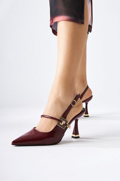 Limoya Sarita Burgundy Patent Leather Buckle Pointed Toe Women's Heeled Shoes