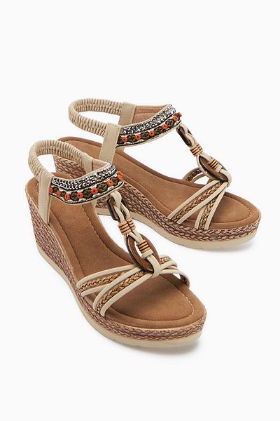 Limoya Jona Beige Buckle Women's Sandals with Elastic Back and Wedge Heels