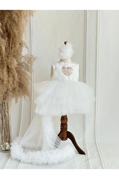 Hobidik Baby Girl Children's Brown Heart Sequined Tutu Party Dress with Tracking Detachable Tail