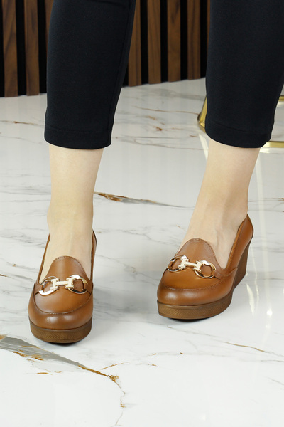 Erkan Saçmacı Hayley Taba Γνήσια δερμάτινα παπούτσια με αγκράφα με στρογγυλά δάχτυλα με τακούνι casual