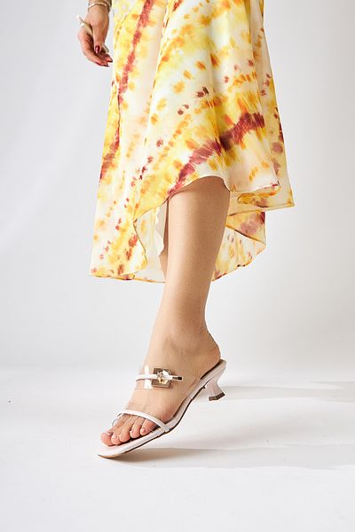 Limoya Silvi Beige Patent Leather Buckle Short Heeled Women's Slippers