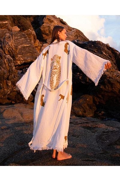 LaraLisa Collection 4 Layers Fabric Custom Print Leopard Pattern Natural Natural Muslin Kaftan Kimono Peshtemal Bathrobe