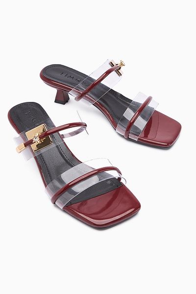 Limoya Papuci de damă cu toc scurt cu cataramă din piele lacuită Silvi Burgundy