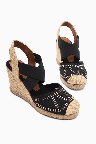 Limoya Meliza Black Elastic Straw Sole Heeled Women's Sandals