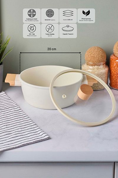 Perotti Cookwood Beige Induction Base Ceramic Deep Pot with Wooden Handle and Lid 20 cm