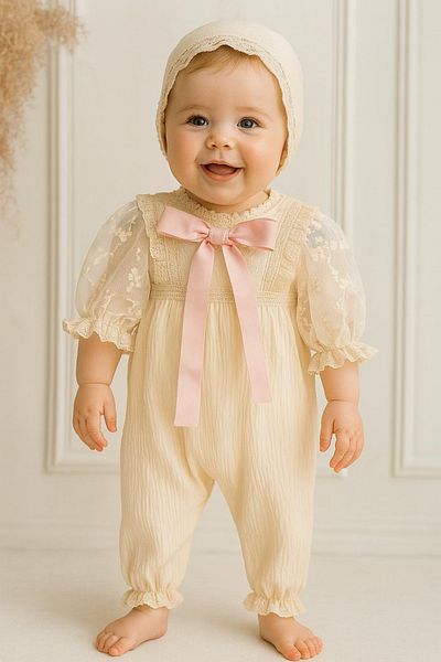 Hobidik Baby Baby Girl Vintage Cream Muslin Jumpsuit Hospital Release