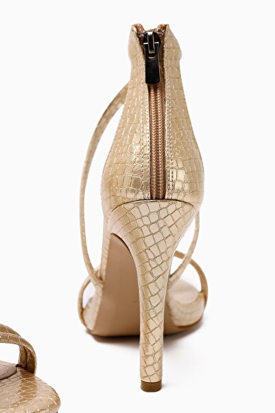 Limoya Liane Gold Textured Leather Print Cross-Strap Thin Heeled Women's Shoes Opportunity Product