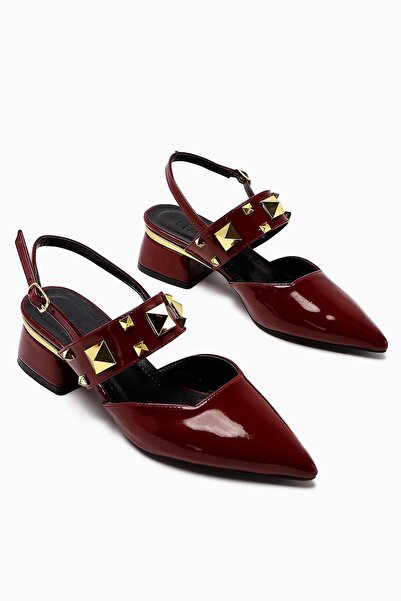 Limoya Nicoline Burgundy Patent Leather Pointed Toe Pyramid Studded Thick Strap Short Heeled Women's Shoes