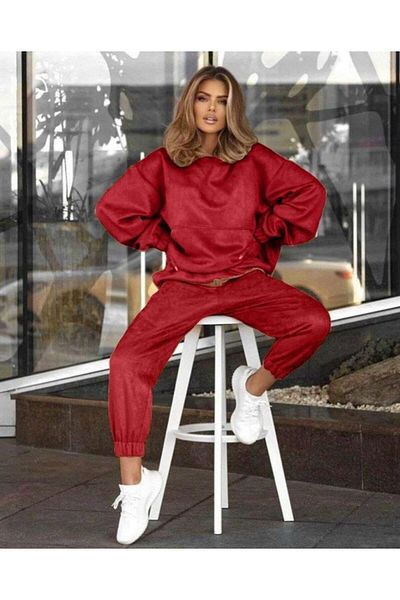 modamtn Women's Diver Suede Fabric Hood and Kangaroo Pocket Detailed Double Set
