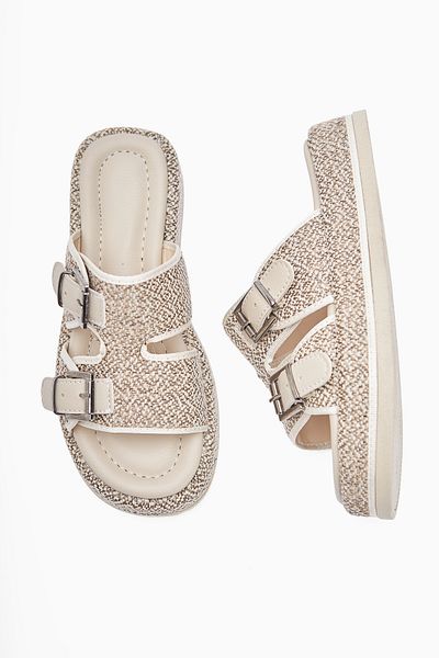 Limoya Madina Beige Double Striped Belted Women's Slippers