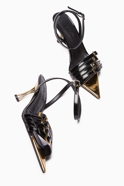 Limoya Helna Black Gold Buckle Thin Heeled Ankle Strap Women's Sandals