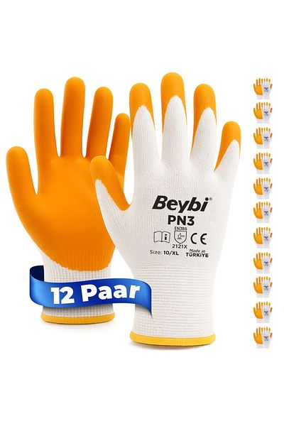 Beybi 12 párov pracovných rukavíc, polyesterové, žlté a biele