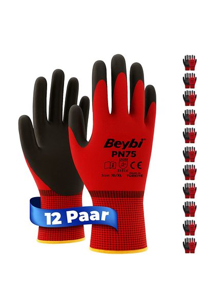 Beybi 12 párov pracovných rukavíc, polyesterové, červené a čierne