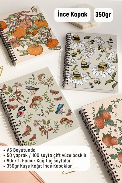 Eldesen Tasarım Spiralli Çizgisiz Okul Defter Seti, A5 Boyutunda 50 Yaprak 100 Sayfa 4'lü Set, Meyveli Set
