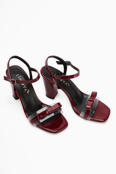 Limoya Sandale de damă Joyce Burgundy din piele lacuită cu toc gros și curea la gleznă