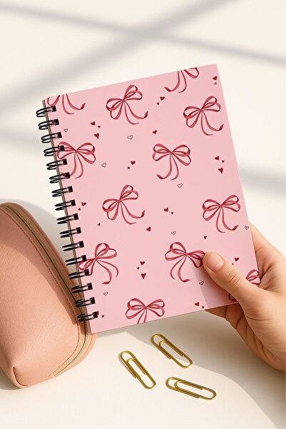 Eldesen Tasarım Spiral Checkered School Notebook Set, A5 / 50 Sheets 100 Sheets Set of 4, Pink Bow
