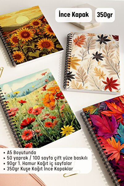 Eldesen Tasarım School Notebook Set with Spiral Without Line, A5 Size 50 Sheets 100 Sheets Set of 4, Set with Sheets