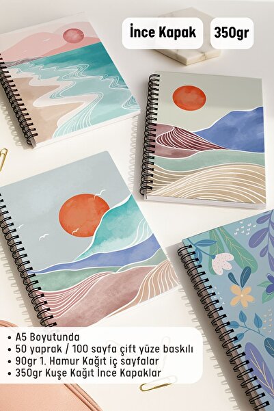 Eldesen Tasarım مجموعة دفاتر مدرسية حلزونية غير مسطرة، مقاس A5، 50 ورقة، 100 صفحة، مجموعة من 4 قطع، مجموعة بوهولو