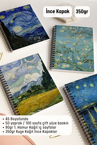 Eldesen Tasarım Van Gogh Spiralli Çizgili Okul Defter Seti, A5 / 50 Yaprak 100 Sayfa 4'lü Set, Van Gogh
