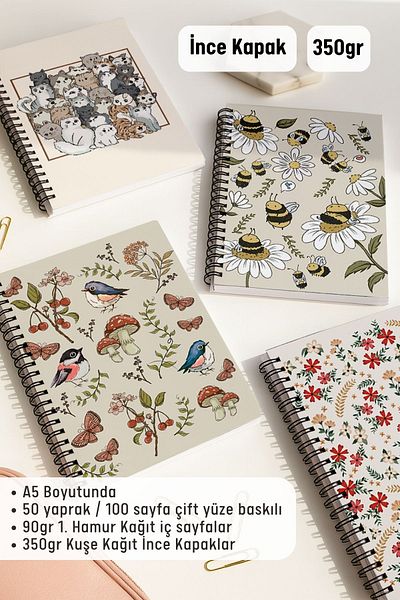 Eldesen Tasarım School Notebook Set with Spiral Dots, A5 Size 50 Sheets 100 Sheets Set of 4, Animal Set