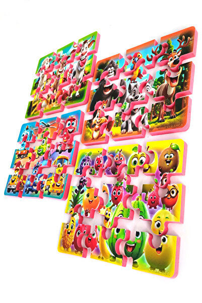 EVAKANCA 9 Parçalı 4 Adet Çiftlik Orman Hayvanları Taşıtlar Meyveler Kalın Puzzle Yapboz