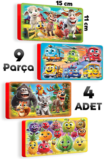 EVAKANCA 9 Parçalı 4 Adet Çiftlik Orman Hayvanları Taşıtlar Meyveler Kalın Puzzle Yapboz