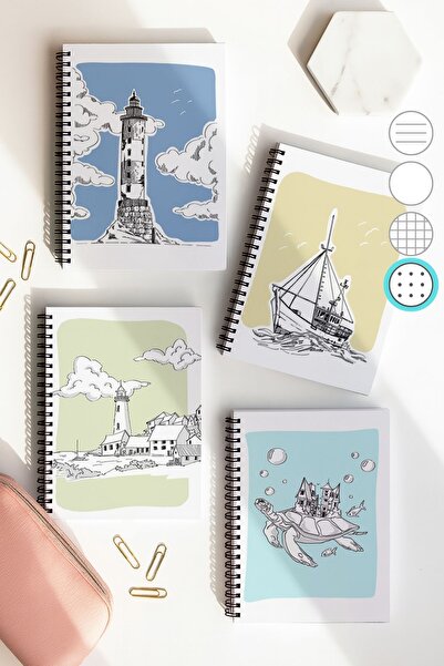 Eldesen Tasarım مجموعة دفاتر مدرسية منقطة حلزونية، مقاس A5، 50 ورقة، 100 صفحة، مجموعة من 4 قطع، مجموعة دينيسي