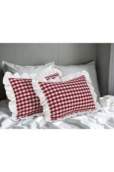 Erba kreasyon Ruffle Pillow Case Gingham Pattern Ruffle Pillow Case 2Pcs 100% Duck Cotton Linen