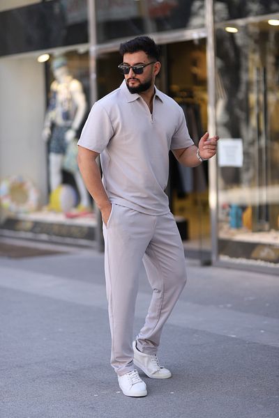 cto your style Men's Polo Neck T-Shirt Comfortable Fit Zipper Detail Bottom Top Set