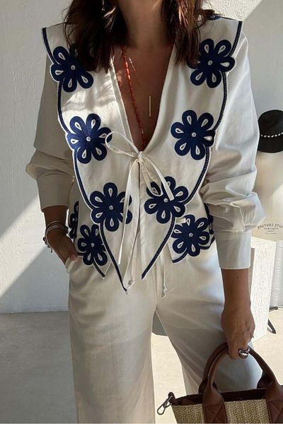 Lavanta Tekstil Blue Embroidered Shirt Pants Set