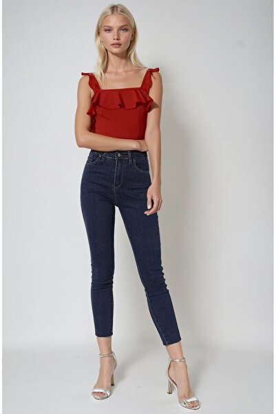 OLSAMODA Women's Square Collar Flexible Fabric Bluz with Ruffles at the Collar and Shoulder