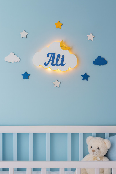 ARSERGROUP Bebek Hediyelik Ahşap Isimli Bulut Gece Lambası Ledli Aydınlatma Y...