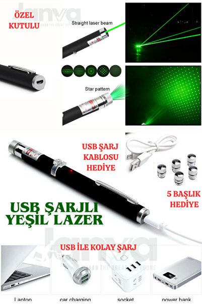 Janva Usb Şarjlı Voltran Yeşil Lazer Kalem Başlıklı Yeşil Lazer Pointer Turbo Işın Yeşil Laser Pointer