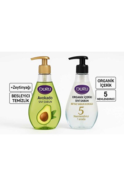 Duru Organic Olive Oil Liquid Soap Set of 2 / White Soap Scented 500 ml + Avocado 500 ml