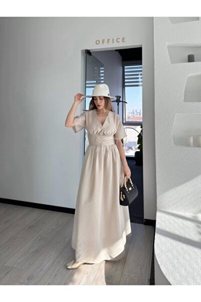 hibiscus Kısa Kollu Uzun Elbise Kırık Beyaz V Yaka Detaylı, Astarlı, Modal Kumaş