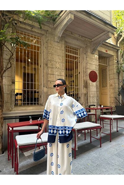 Julidress White Blue Pattern Shirt Pants Bottom Top Premium Thin Summer Suit