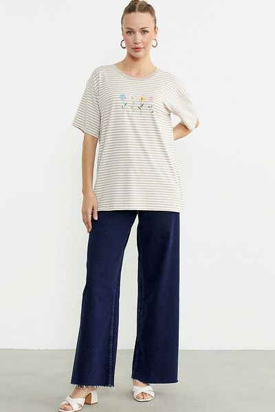 Sementa Striped Embroidery Detailed T-Shirt - Navy Blue