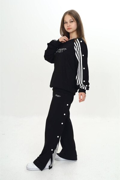 Joui Co Children's Black Snapback 2 Thread 100% Cotton Tracksuit Set – Bottom Top Sports and Casual Combination