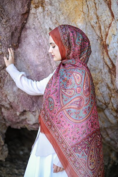 İPEKLİ COUTURE Pembe Kiremit Rengi Saf Hint İpeği Şal