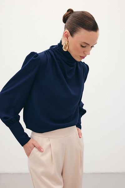 Sateen Navy Blue Blouse - Drape Detailed