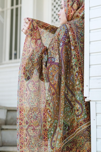 İPEKLİ COUTURE Kahve Kiremit Rengi Saf Hint İpeği Şal