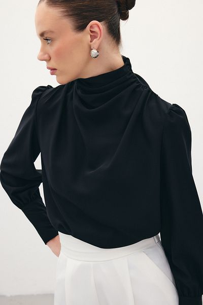 Sateen Drape Detailed Blouse - Black