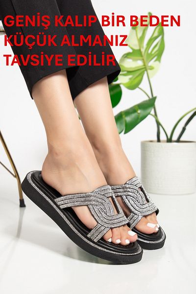 TEKİN SHOES Drop Stone Patterned Slippers (Wide Fit, One Size Smaller)