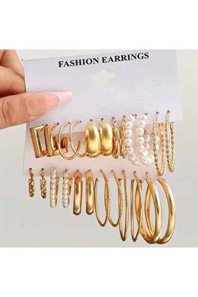 Perry Accesories 12 Adet Çift Küpe Çoklu Incili Klipsli Halka Küpe Çoklu Kombin Küpe Seti Kadın Küpe