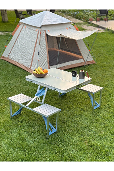 MODULBOX Katlanabilir, Alüminyum 67x85,5 cm Kendinden 4 Tabureli, Kamp Masa Takımı, Piknik Masa Takımı