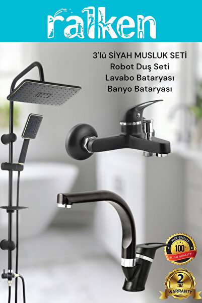 RALKEN Lüx Siyah 3’lü Banyo Seti Siyah Robot Tepe Duş, Banyo, Balık Sırtı Lav...