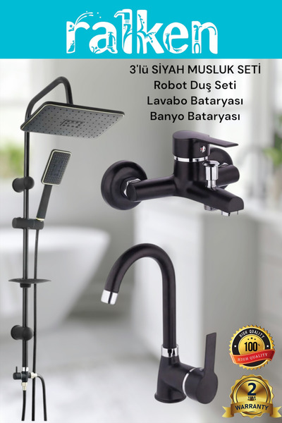 RALKEN Lüx Siyah 3’lü Kalın Gövde Banyo Seti Siyah Robot Tepe Duş, Banyo, Lav...