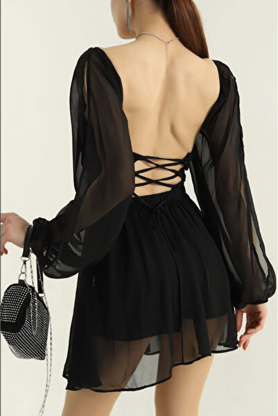 Lumora SİYAH TÜL KOLLU KRUVAZE YAKA SIRT BAĞLAMA DETAYLI ASTARLI MİNİ DÜĞÜN NİŞAN MEZUNİYET ABİYE ELBİSE