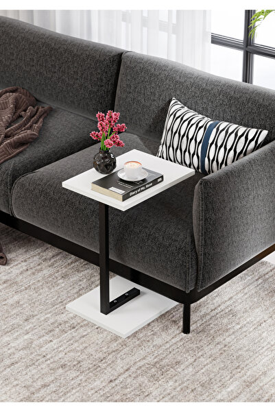 mebars Metal Ayaklı C Sehpa Yan Sehpa Koltuk Sehpası Zigon Sehpa - Beyaz