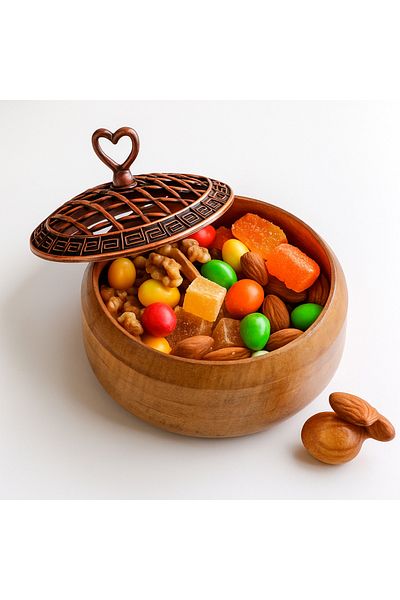 tios home Single Decorative Copper Lid Natural Wooden Presentation Bowl Snack Bowl Rustic Serving Bowl Round Diameter 9.5cm